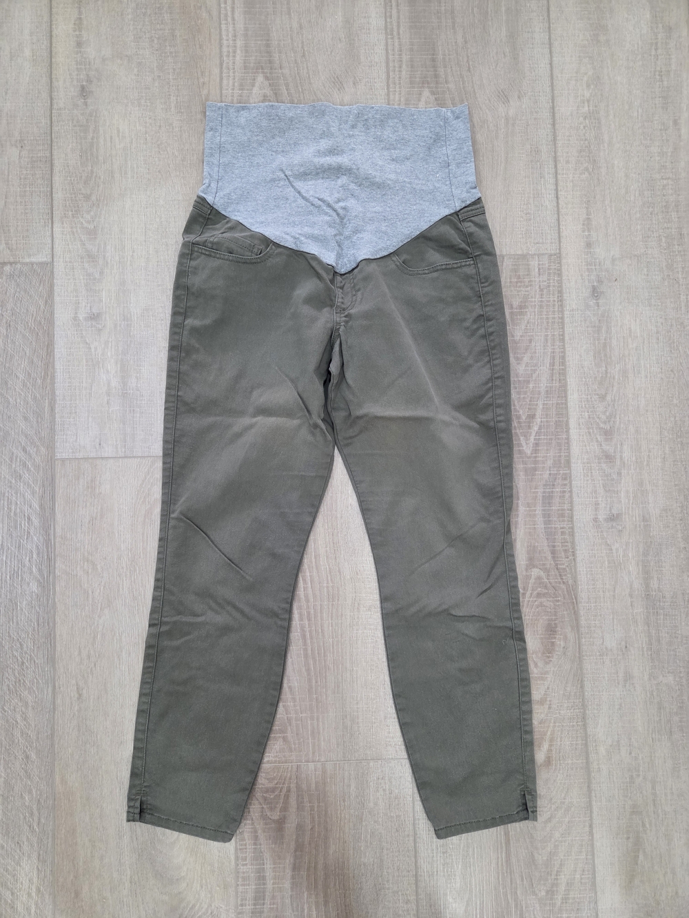 Thyme Maternity Olive Green Side-Slit Pull-On Pants with Heather Gray Waistband